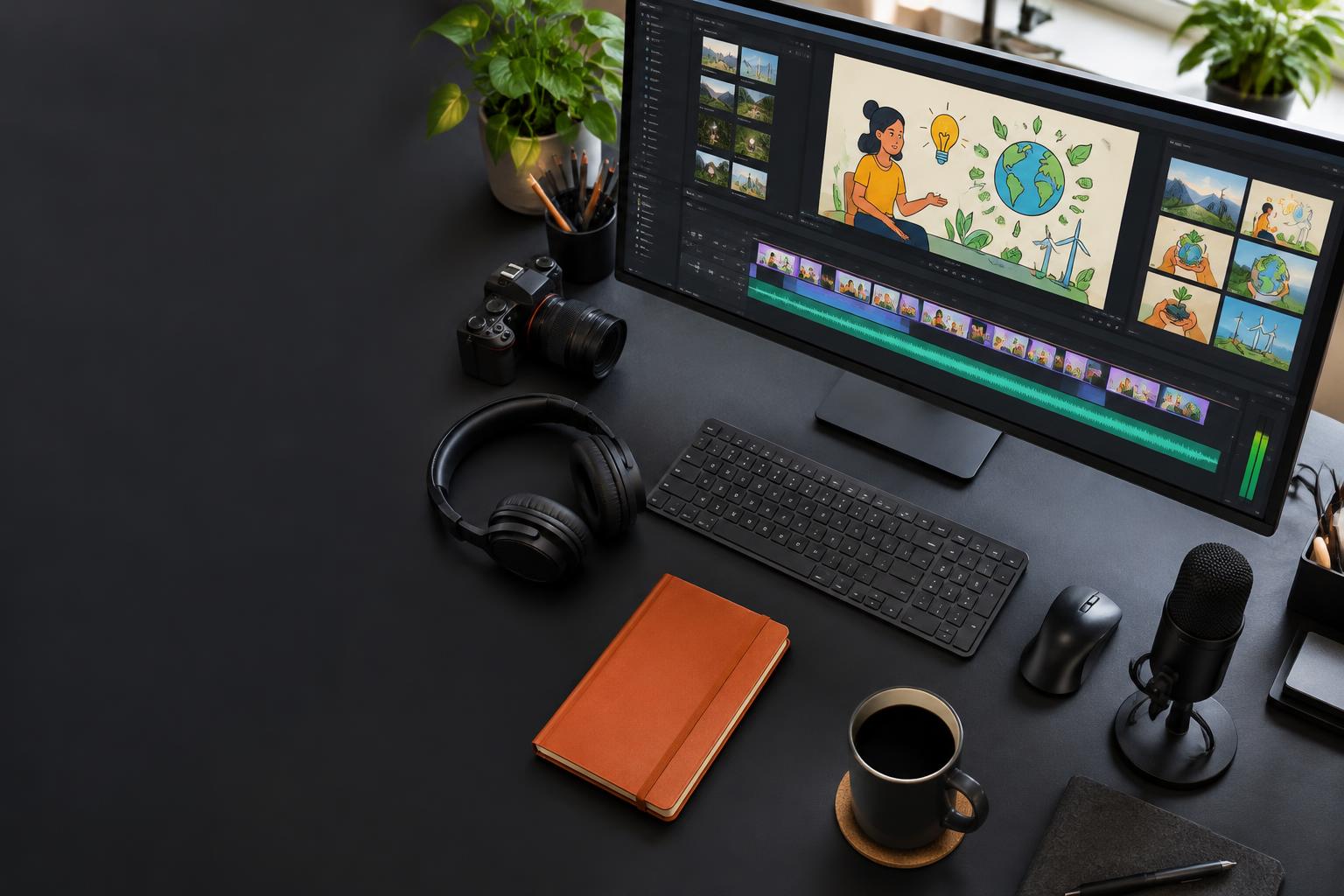 Illustrative creator workspace with a narrated educational video on an editing screen